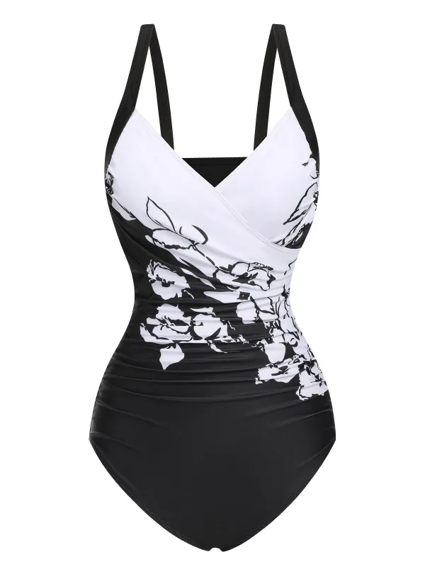 Black 1930s Wide-Straps Flowers Swimsuit sold by Retro Stage