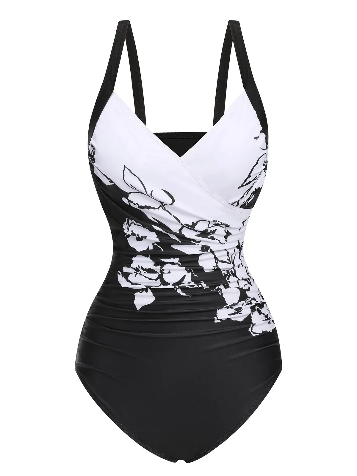 Black 1930s Wide-Straps Flowers Swimsuit sold by Retro Stage