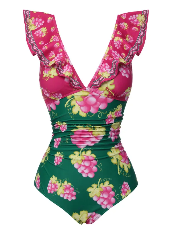 Retro 1950s Grape V-Neck Ruffle Sleeves Swimsuit sold by Retro Stage