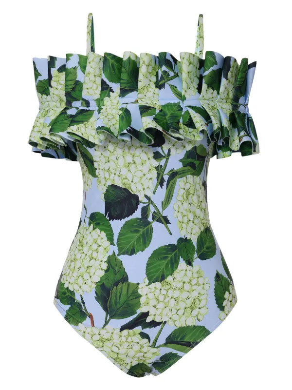 Green 1950s Hydrangea Floral Cold-Shoulder Swimsuit sold by Retro Stage