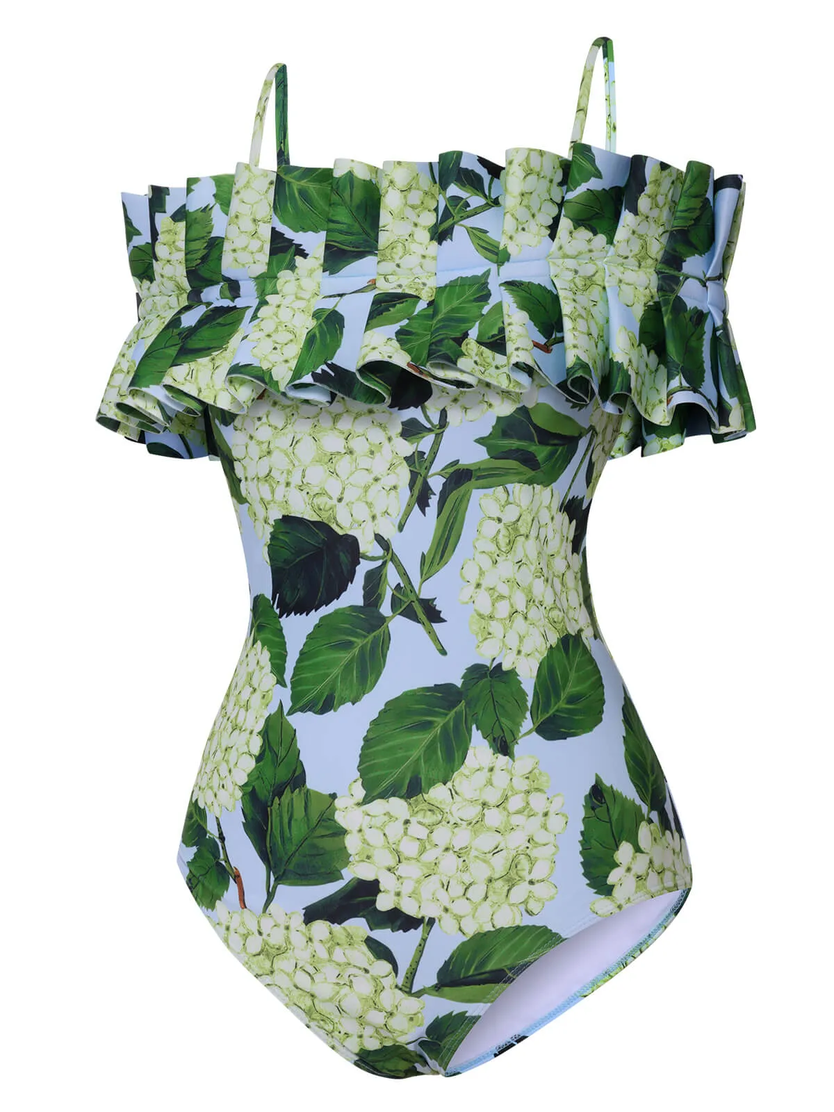 Green 1950s Hydrangea Floral Cold-Shoulder Swimsuit sold by Retro Stage product image thumbnail 2