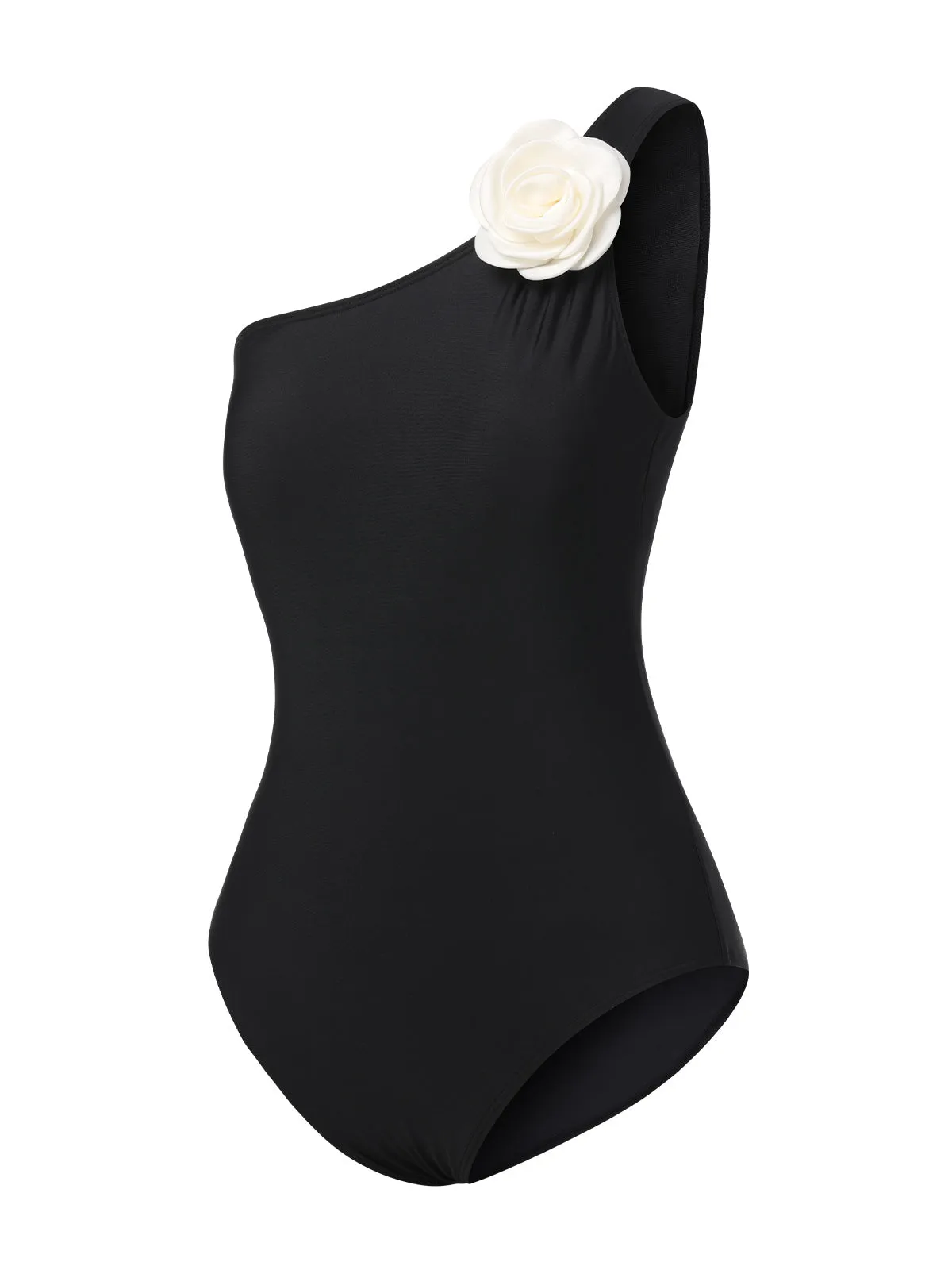Black 1970s 3D Flower One-Shoulder Swimsuit sold by Retro Stage product image thumbnail 2