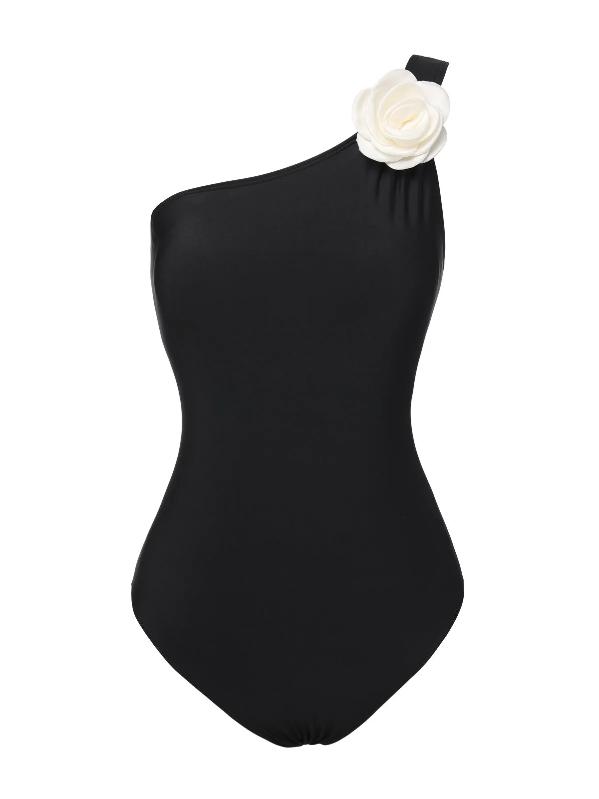 Black 1970s 3D Flower One-Shoulder Swimsuit sold by Retro Stage
