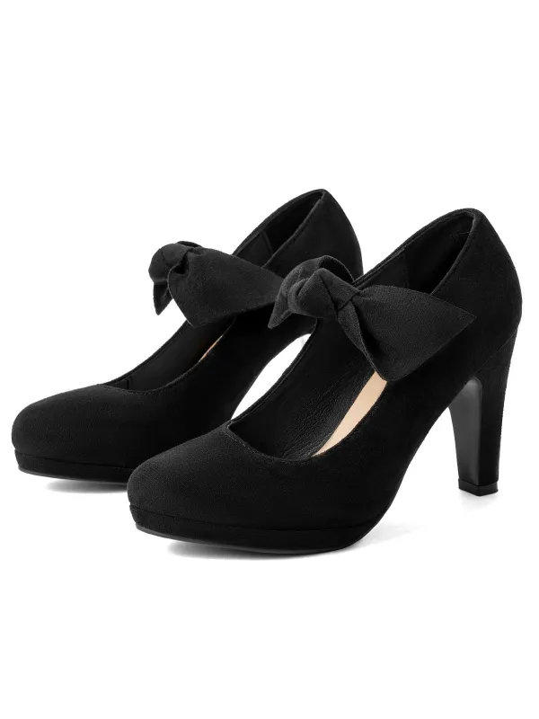 Black Solid Flannelette Bow High Heel Shoes sold by Retro Stage