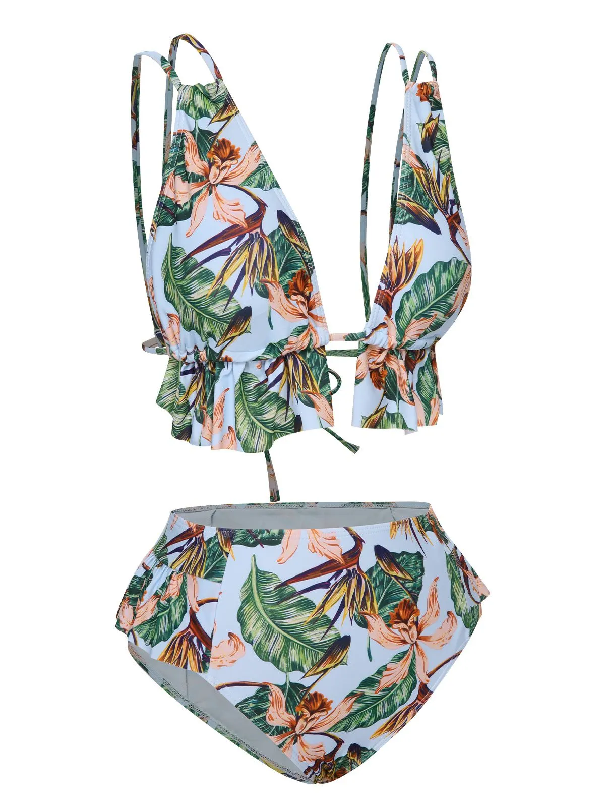 Blue 1960s Plants Back Tie Ruffles Swimsuit sold by Retro Stage product image thumbnail 2