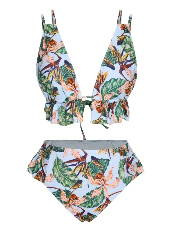 Blue 1960s Plants Back Tie Ruffles Swimsuit sold by Retro Stage