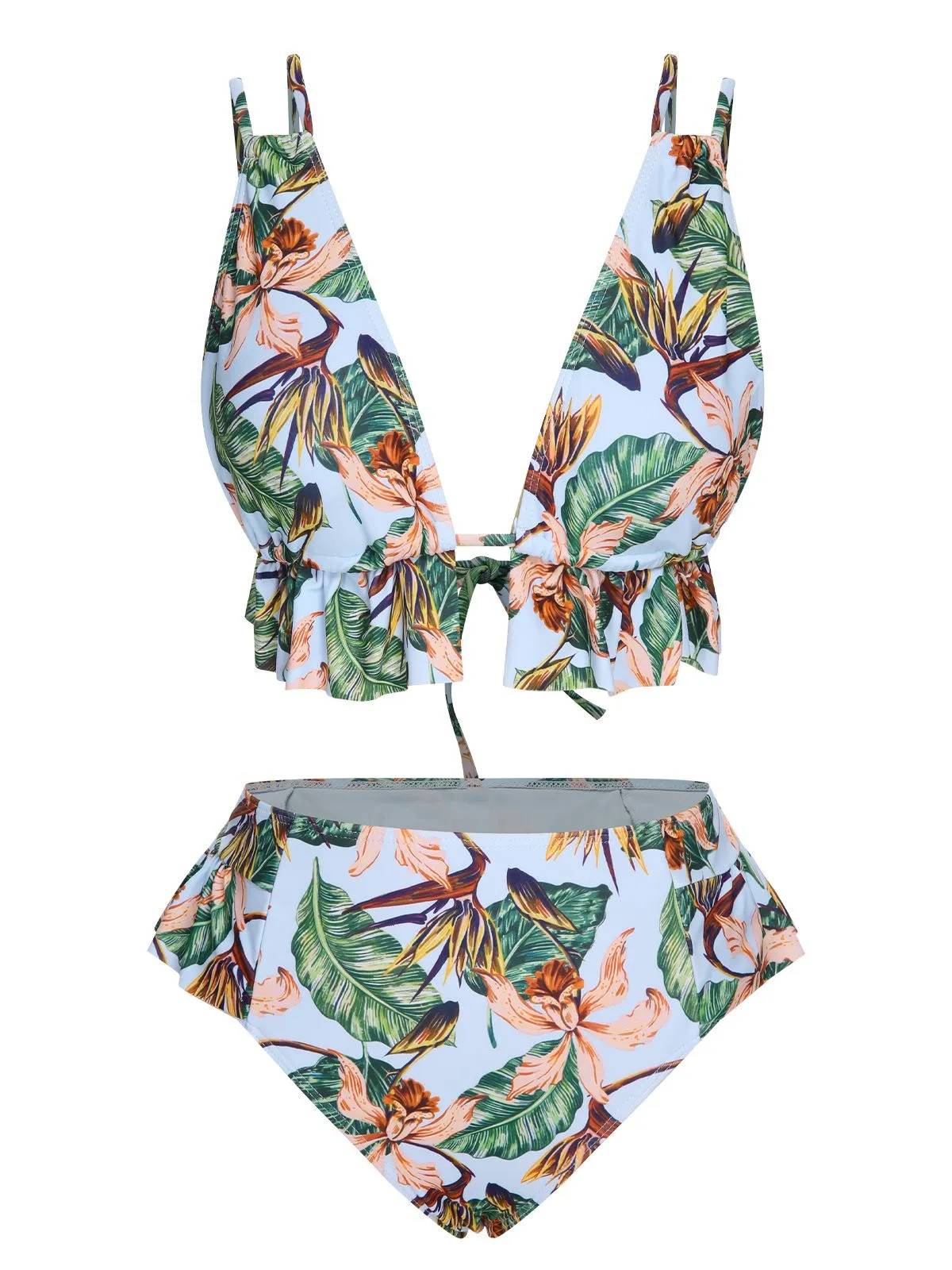 Blue 1960s Plants Back Tie Ruffles Swimsuit sold by Retro Stage