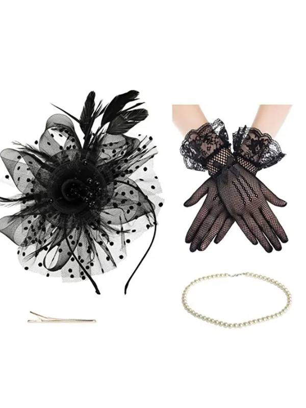 Black Feather Fascinator Hat With Veil & Necklace & Gloves sold by Retro Stage