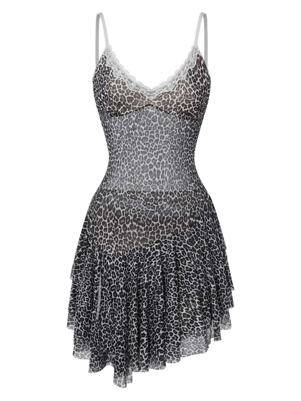 Dark Gray 1960s Spaghetti Strap Lace Leopard Dress sold by Retro Stage
