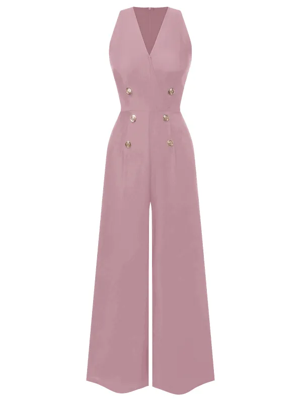 Pink 1950s Sleeveless Buttoned Solid Jumpsuit sold by Retro Stage