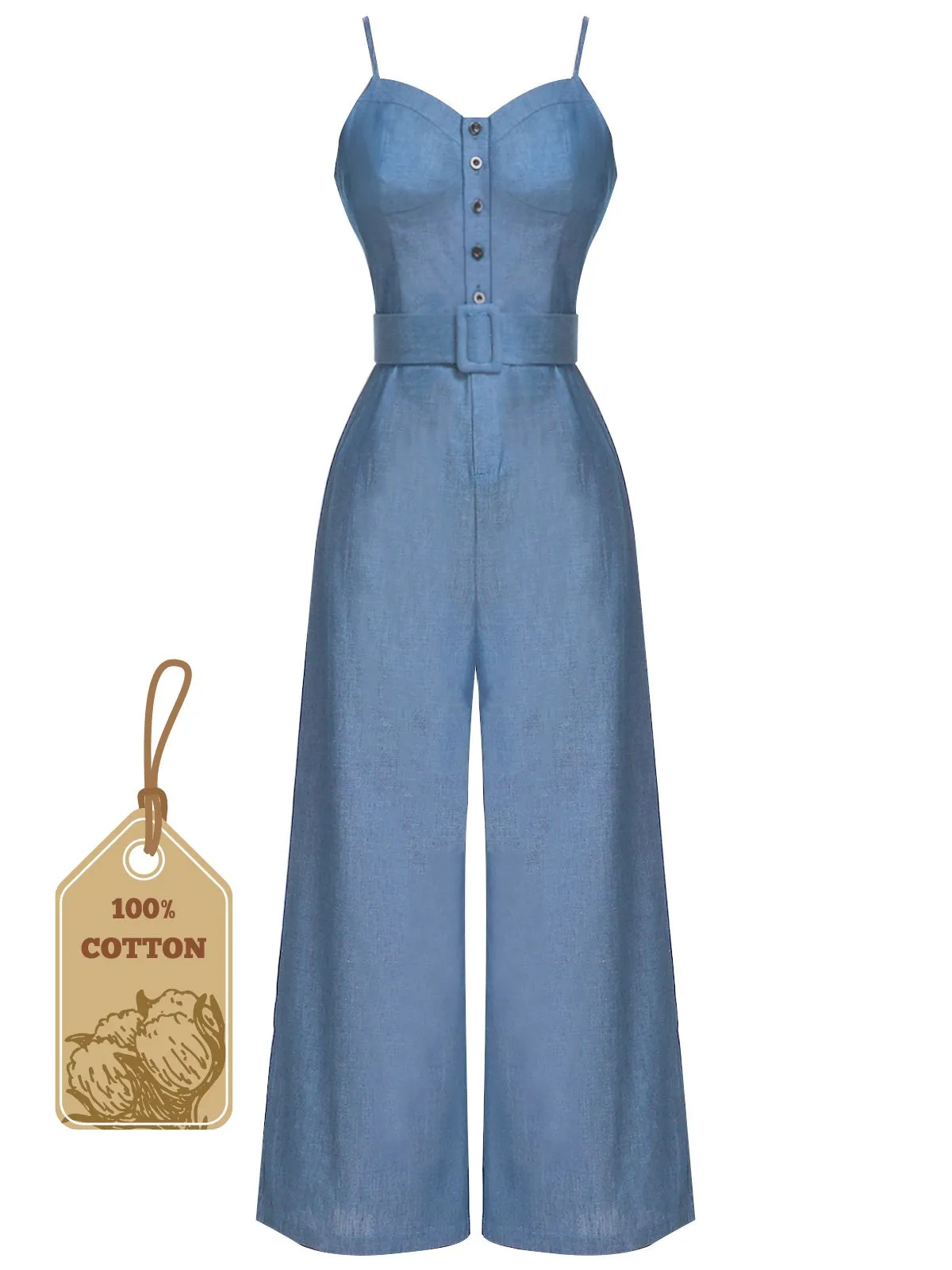 Blue 1930s Cowboy Solid Strap Jumpsuit sold by Retro Stage