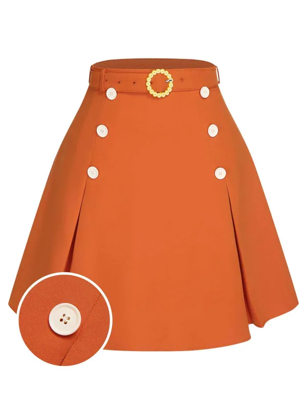 Orange Red 1960s Button Solid Belted Skirt sold by Retro Stage