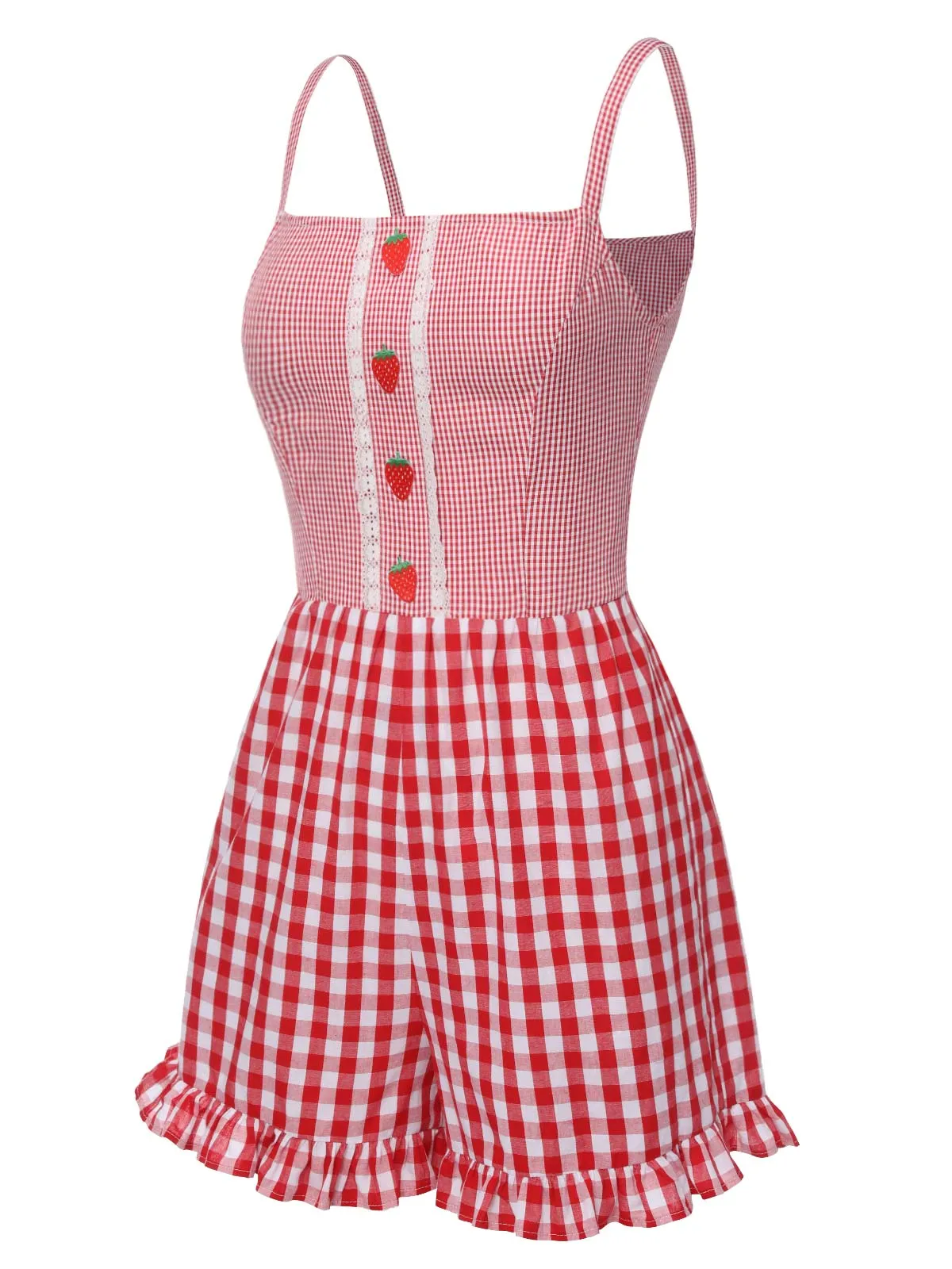 Red 1950s Strawberry Plaid Suspender Romper sold by Retro Stage product image thumbnail 3
