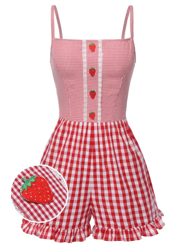 Red 1950s Strawberry Plaid Suspender Romper sold by Retro Stage