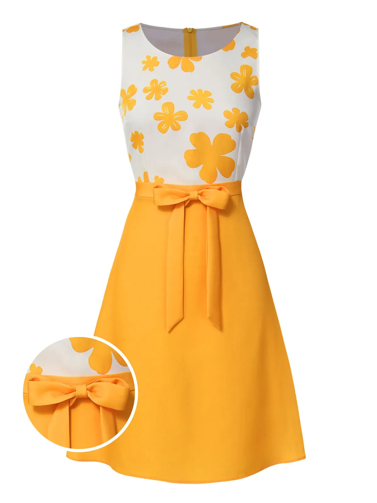 Yellow 1960s Floral Bow Sleeveless Dress sold by Retro Stage