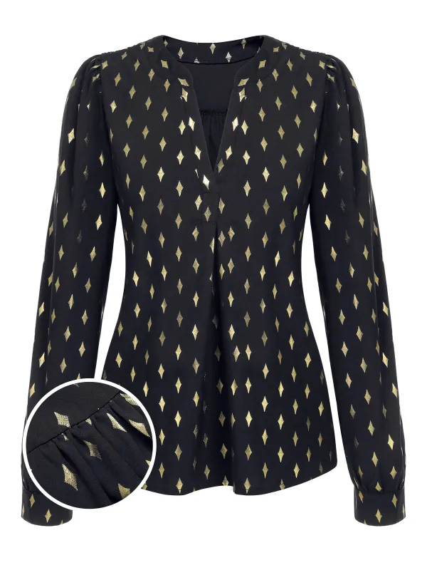 1940s Foil Stamping Stars V-Neck Blouse sold by Retro Stage