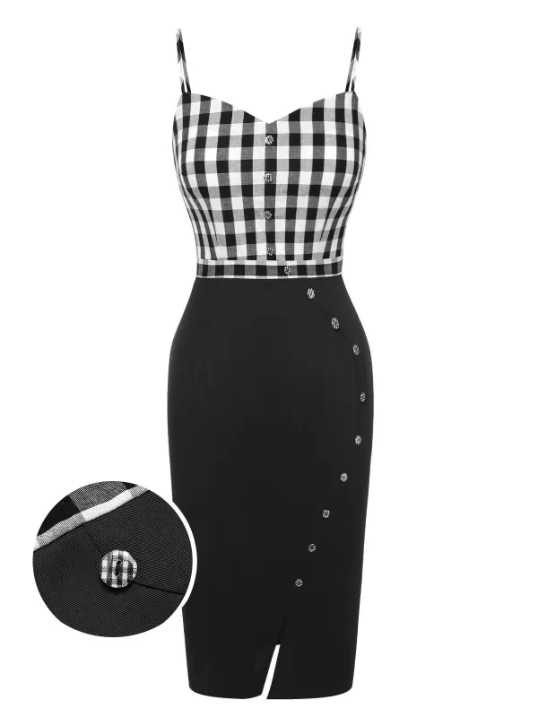 Black 1960s Spaghetti Straps Plaid Patchwork Dress sold by Retro Stage