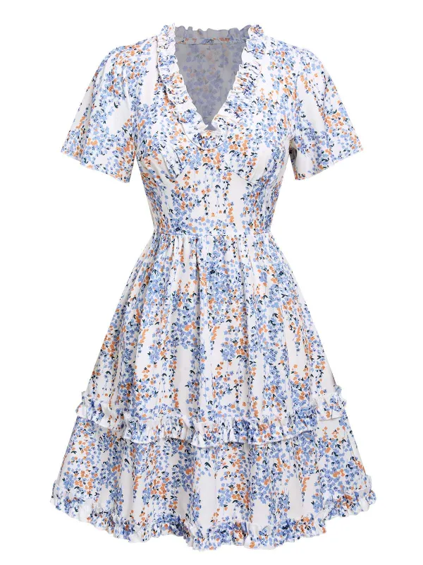 1970s V-Neck Ditsy Floral Wrinkle Dress sold by Retro Stage