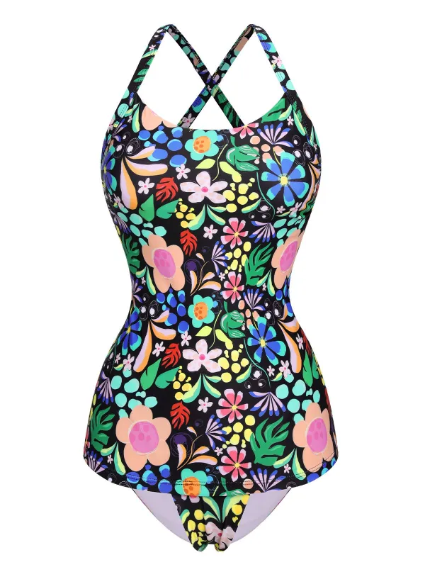 1970s Hippie Floral Strap One-Piece Swimsuit sold by Retro Stage