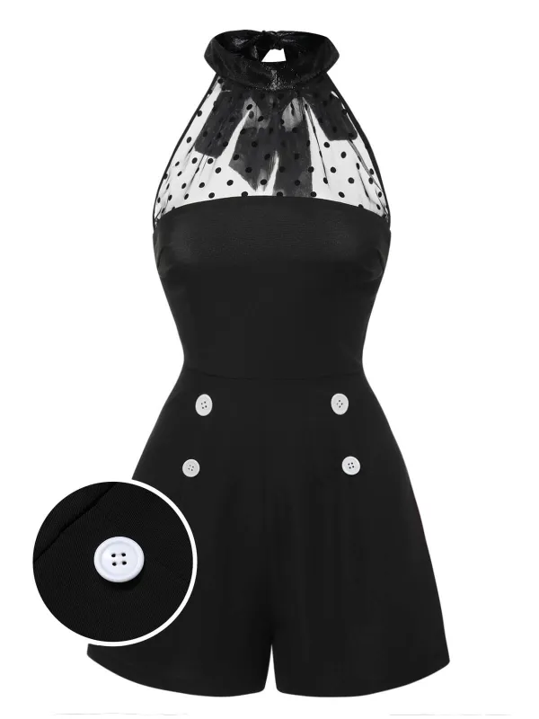 Black 1950s Polka Dots Sheer Neck Romper sold by Retro Stage