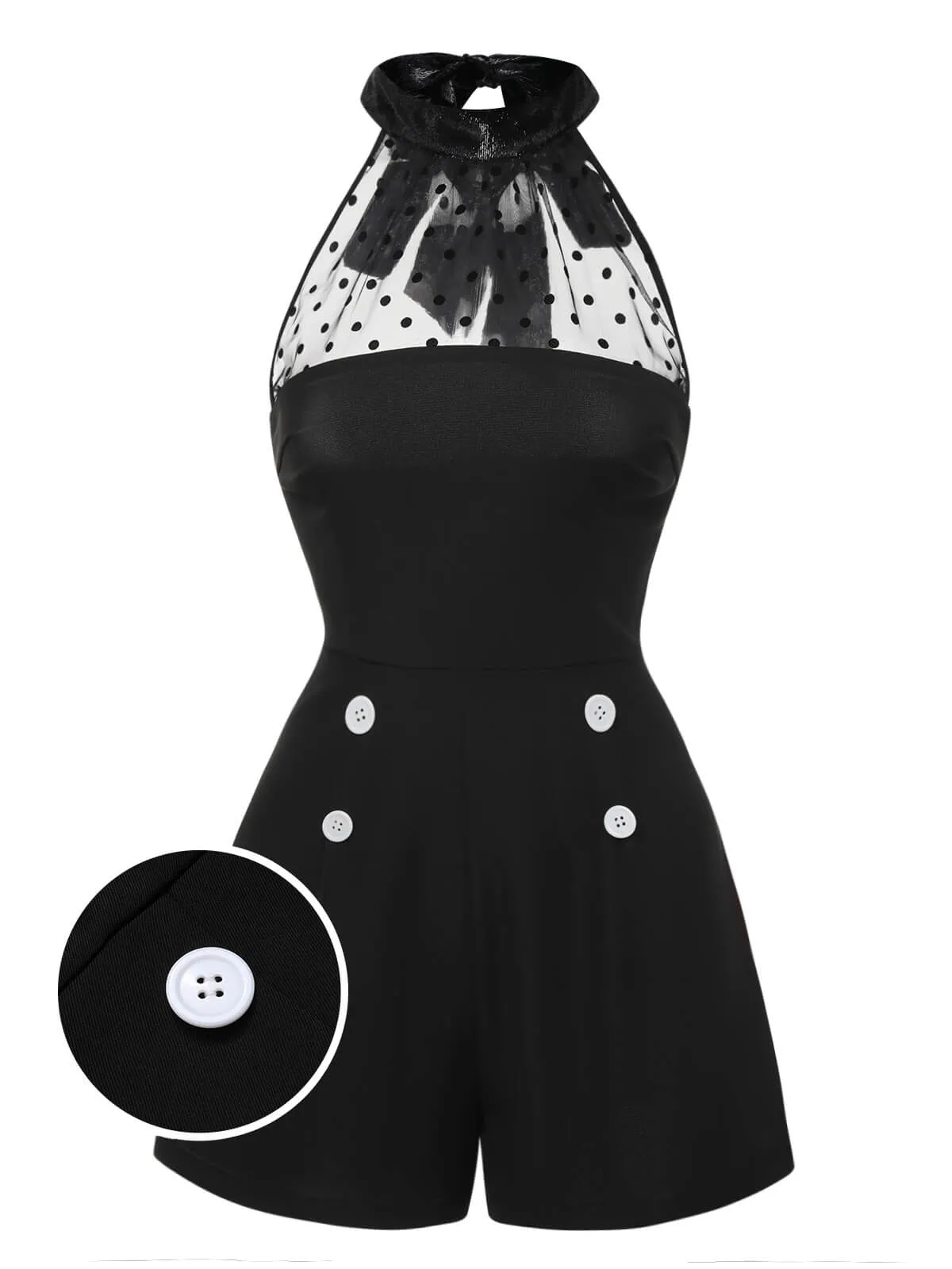 Black 1950s Polka Dots Sheer Neck Romper sold by Retro Stage
