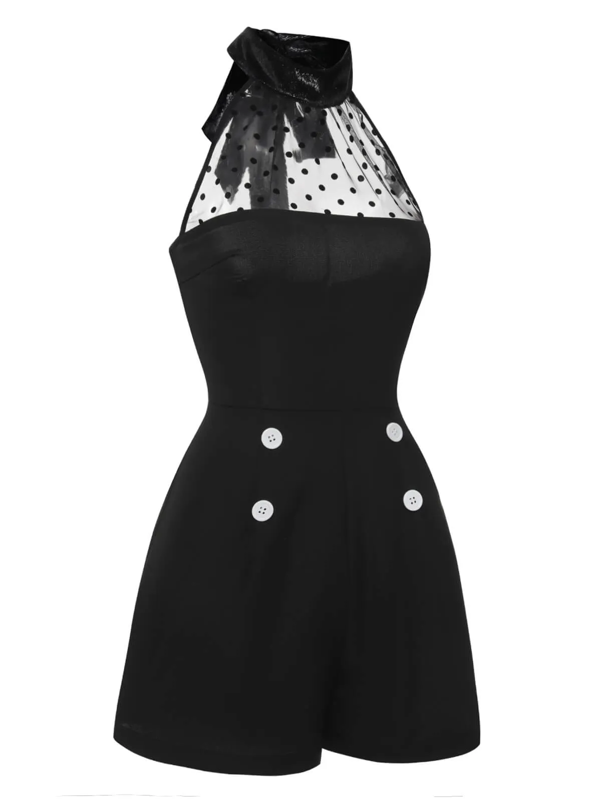 Black 1950s Polka Dots Sheer Neck Romper sold by Retro Stage product image thumbnail 3