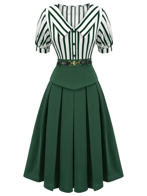 2PCS Green 1950s Striped Blouse & Pleated Skirt sold by Retro Stage