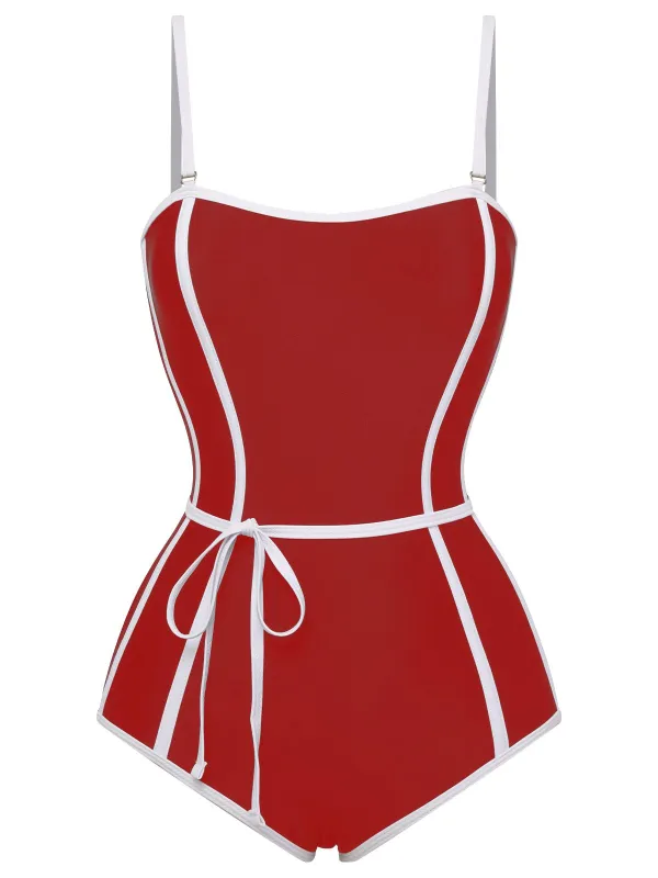 Red 1960s Lined Sling One-Piece Swimsuit sold by Retro Stage