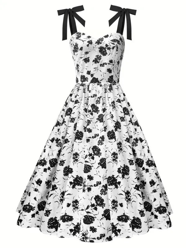 White 1950s Black Flowers Tie-Up Dress sold by Retro Stage