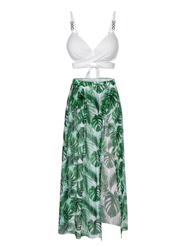 White & Green 1950s Tropical Swimsuit With Cover-Up sold by Retro Stage