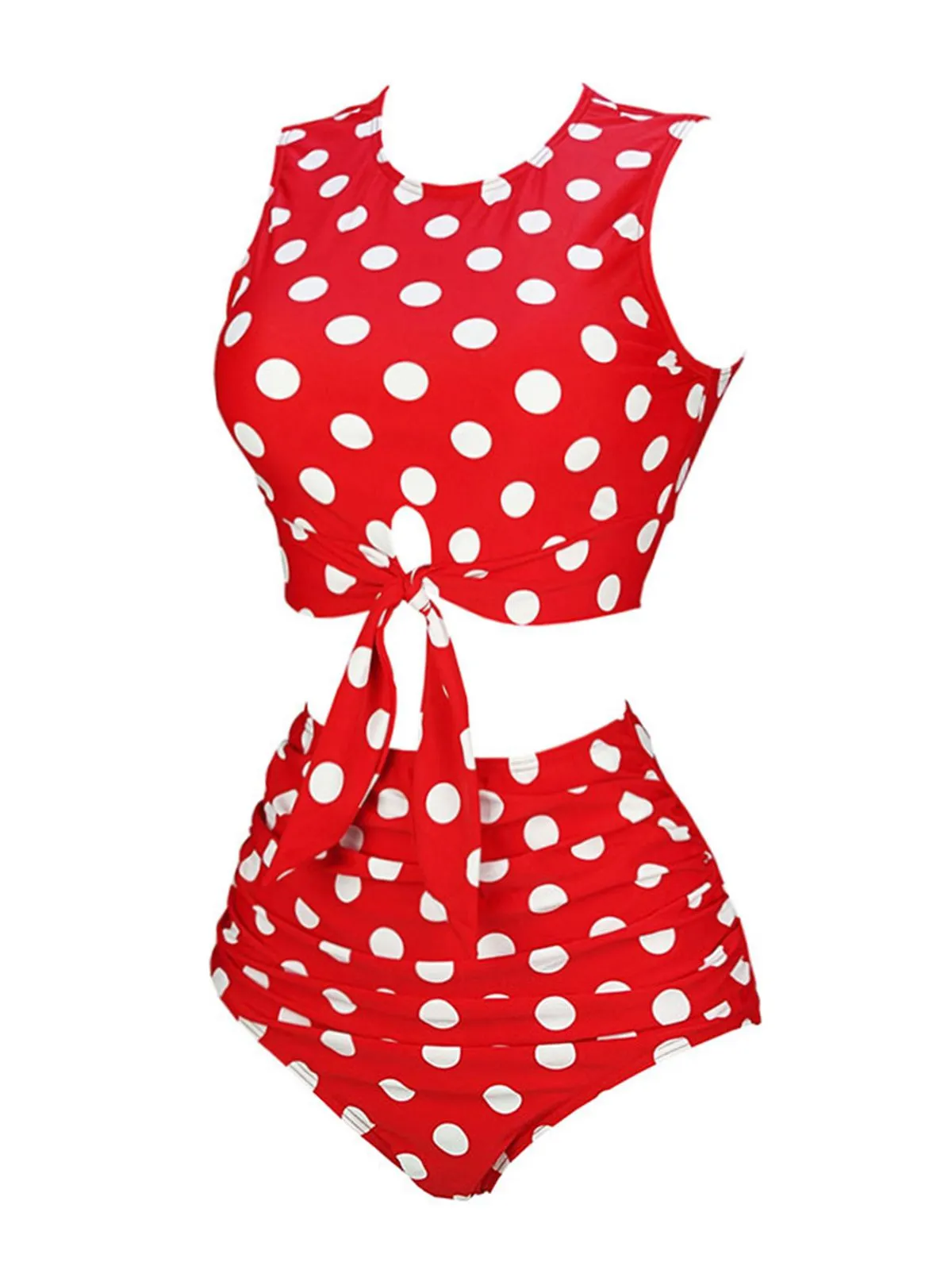 Red 1970s Polka Dots Waist Tie Swimsuit sold by Retro Stage product image thumbnail 2