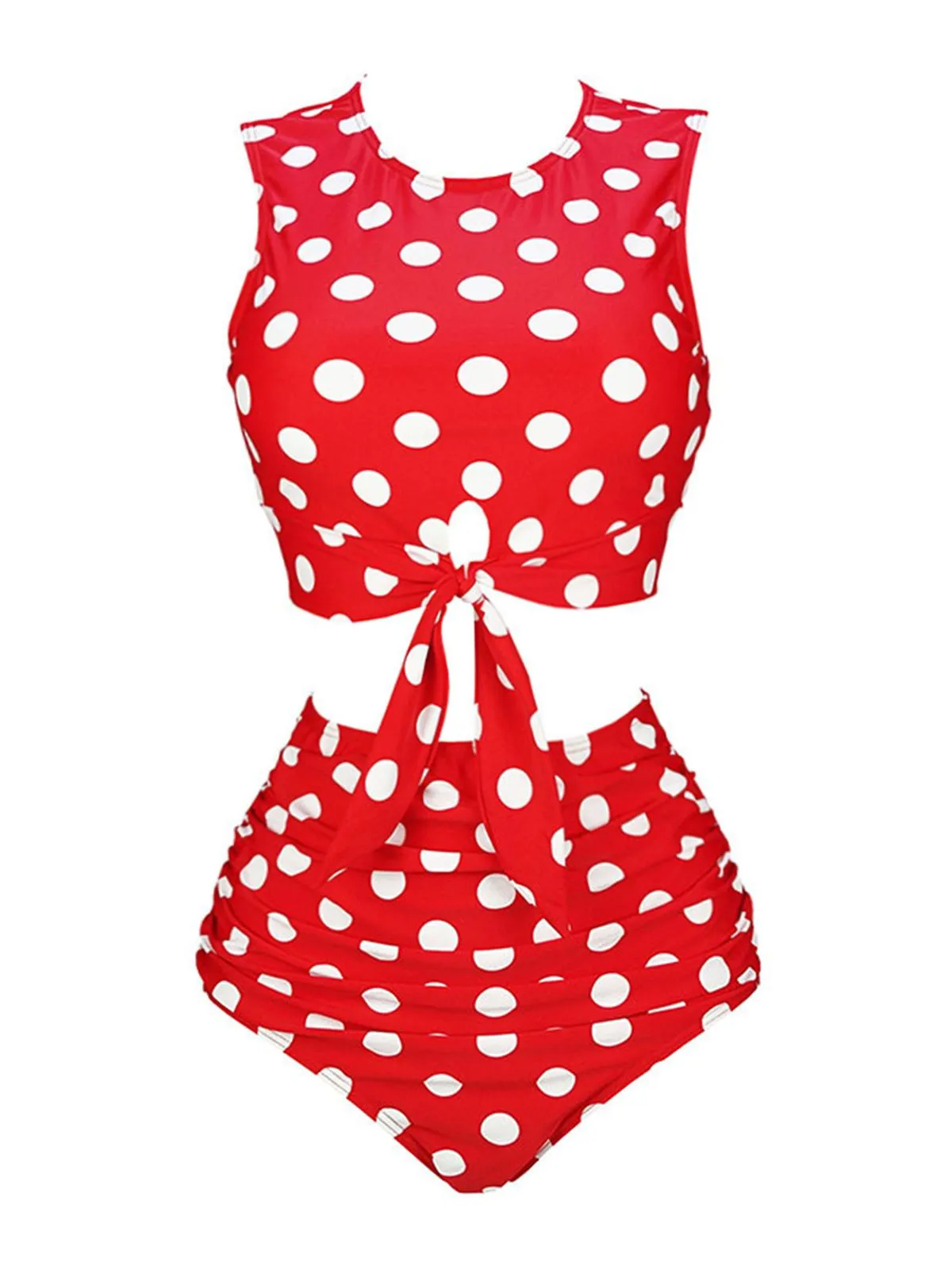 Red 1970s Polka Dots Waist Tie Swimsuit sold by Retro Stage
