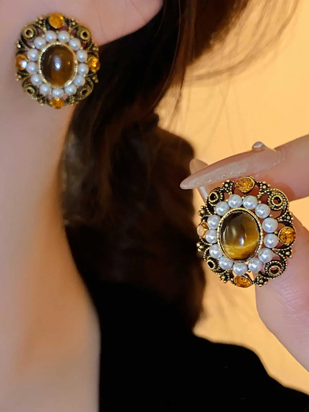 Vintage Olive Yellow Diamond Pearl Earrings sold by Retro Stage