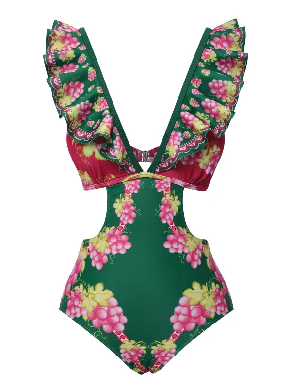 Green 1950s Retro-Flowers V-Neck Swimsuit sold by Retro Stage