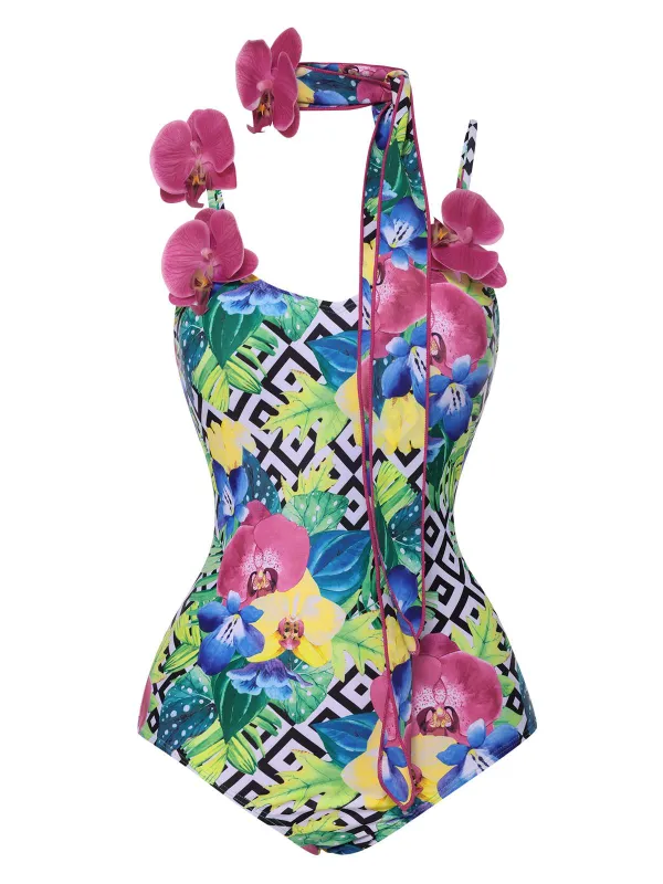 Multicolor 1950s Halter Artificial Flowers Swimsuit sold by Retro Stage