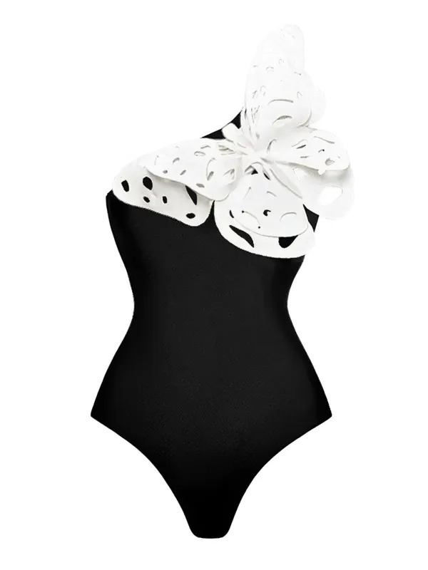 Black 1930s 3D-Butterfly One-Shoulder Swimsuit sold by Retro Stage
