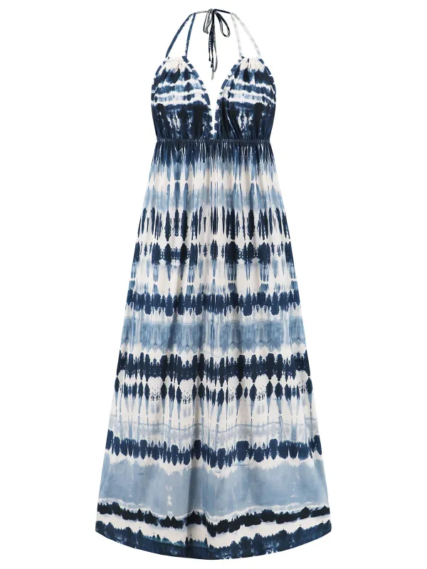 Blue 1940s Backless Tie Dye Long Dress sold by Retro Stage