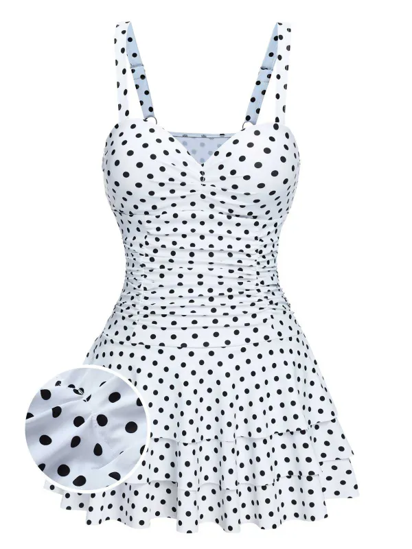 White 1950s Spaghetti Strap Polka Dots Swimsuit sold by Retro Stage