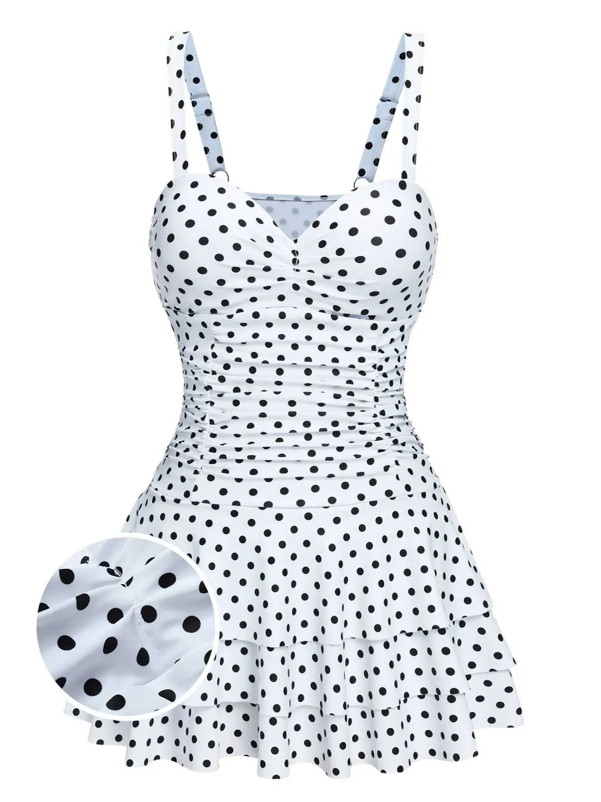White 1950s Spaghetti Strap Polka Dots Swimsuit sold by Retro Stage