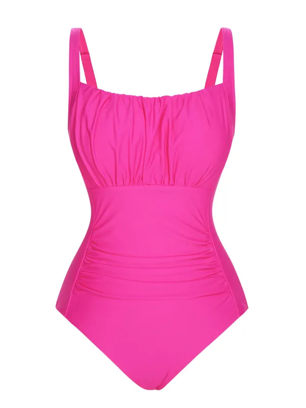 Pink 1940s Solid Wrinkle Strap Swimsuit sold by Retro Stage