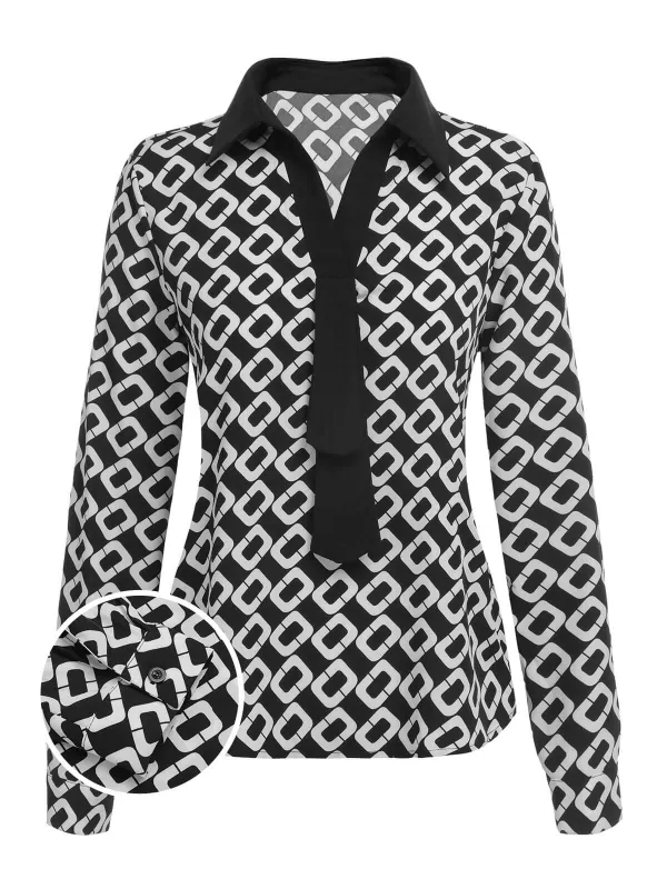 Black 1940s Geometric Patchwork Ribbon Blouse sold by Retro Stage