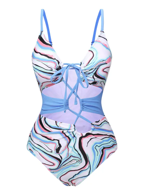 Blue 1970s Marble Print Hollow One-Piece Swimsuit sold by Retro Stage
