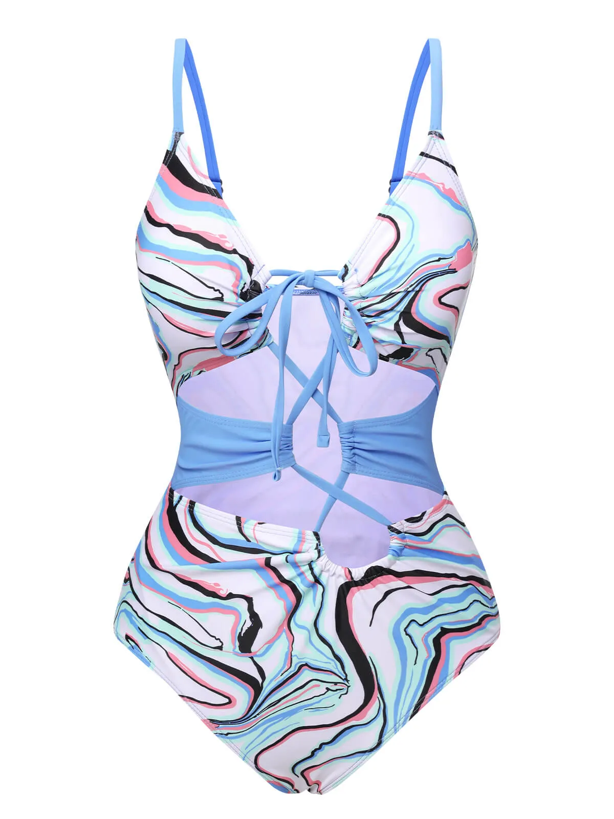 Blue 1970s Marble Print Hollow One-Piece Swimsuit sold by Retro Stage
