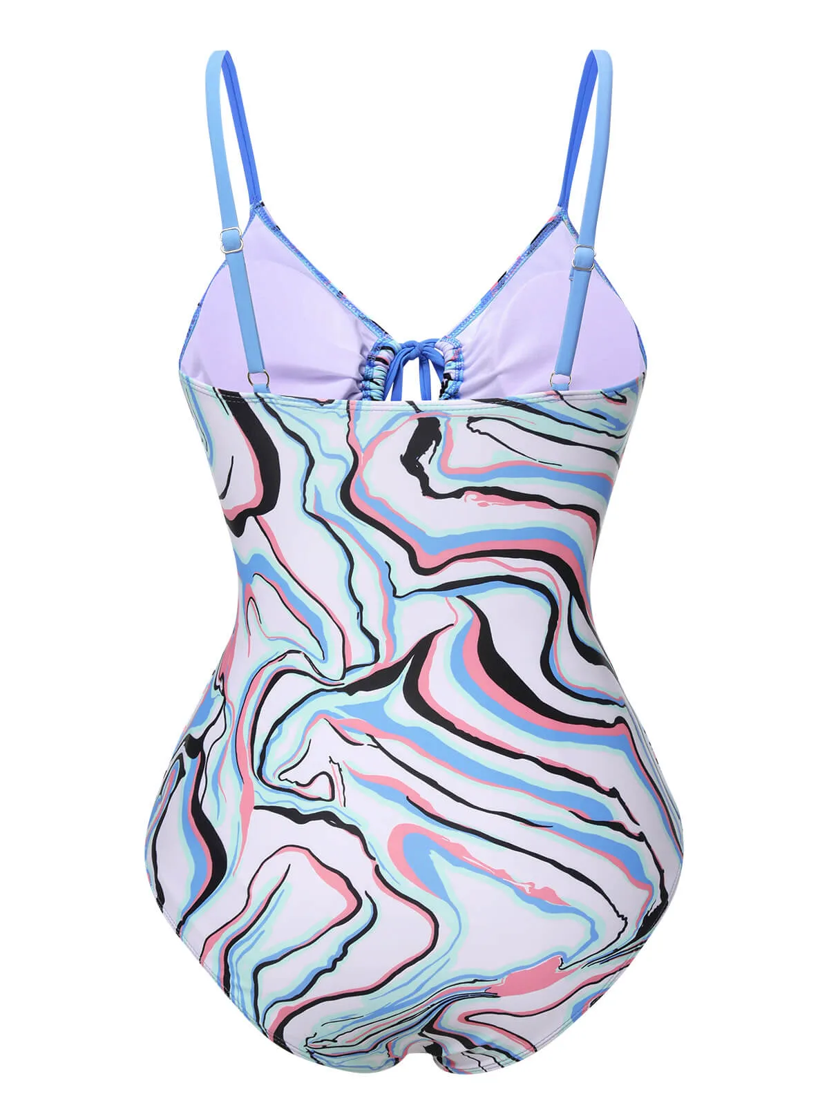 Blue 1970s Marble Print Hollow One-Piece Swimsuit sold by Retro Stage product image thumbnail 3