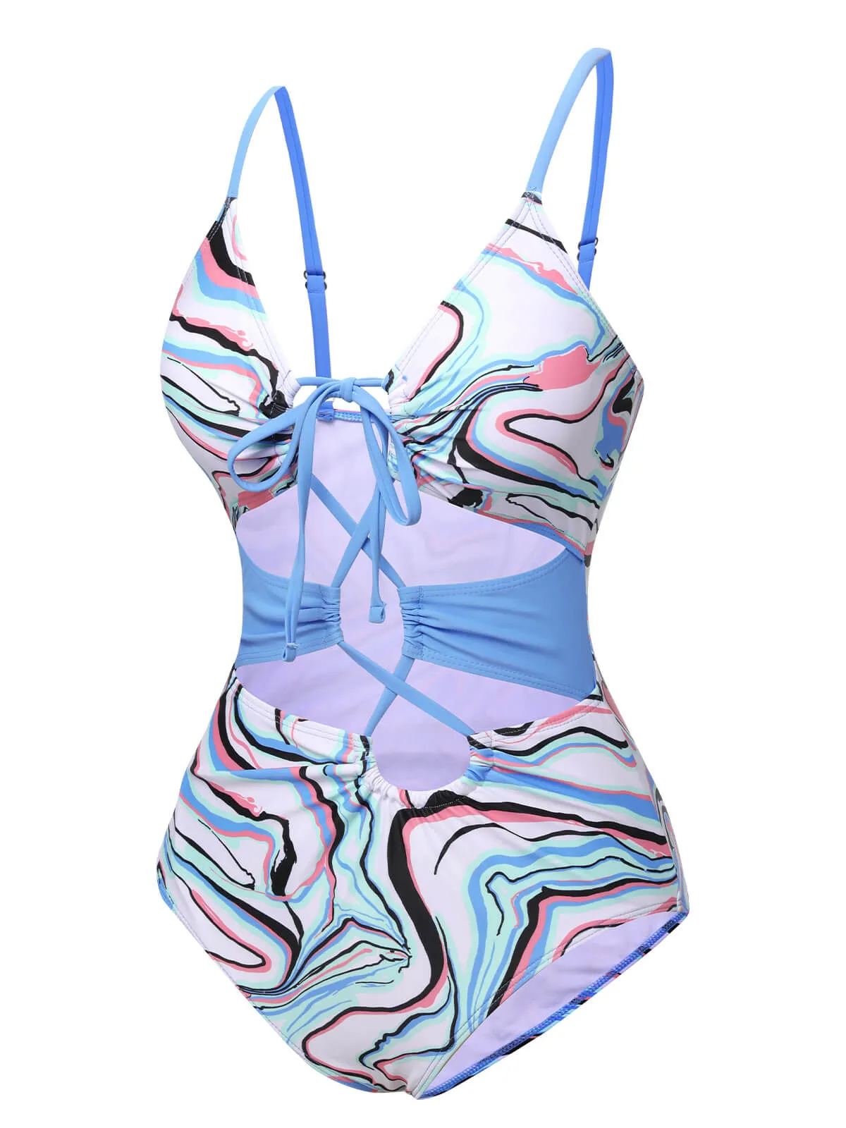 Blue 1970s Marble Print Hollow One-Piece Swimsuit sold by Retro Stage product image thumbnail 2