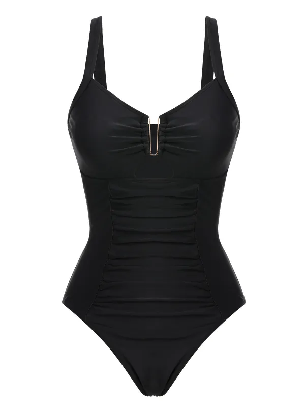 Black 1970s Solid Cutout One-Piece Swimsuit sold by Retro Stage