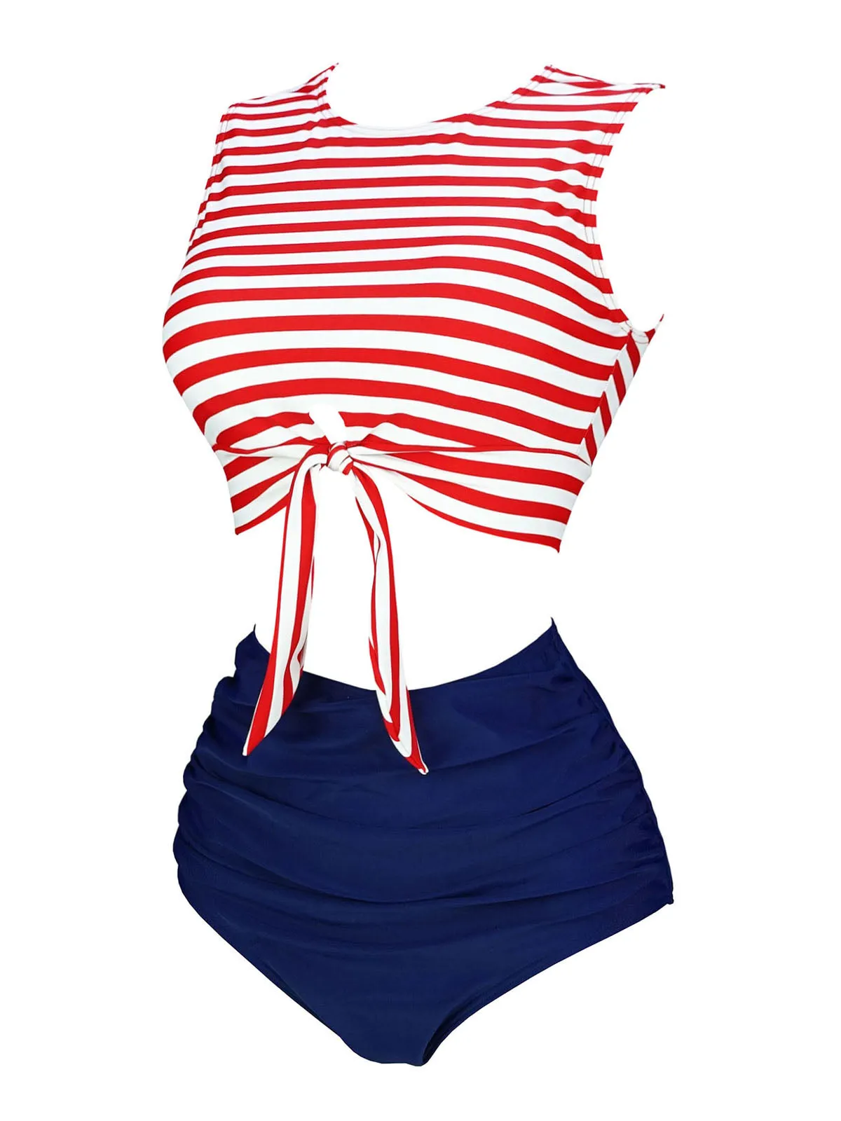 Red & Blue 1970s Striped Waist Tie Patchwork Swimsuit sold by Retro Stage product image thumbnail 2