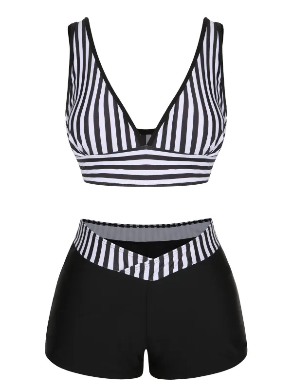 Black 1950s Stripe Binding V-Neck Swimsuit sold by Retro Stage