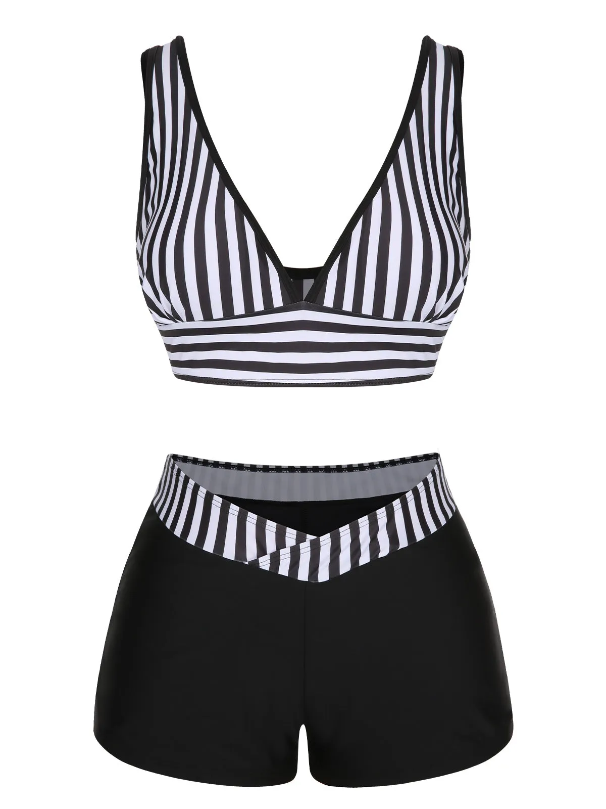 Black 1950s Stripe Binding V-Neck Swimsuit sold by Retro Stage