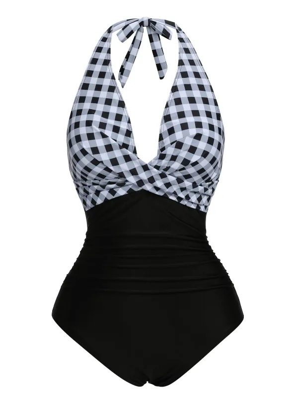 Black 1940s Halter Backless Plaids One-Piece Swimsuit sold by Retro Stage
